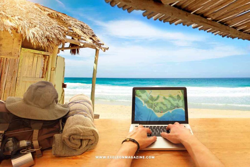 Working on a laptop on a beach