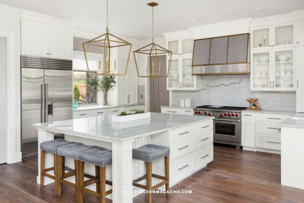 Luxury kitchen with custom design, island, pendant lights, and hardwood floors